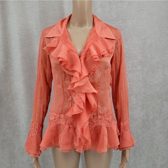 MK Solo Coquettegirl Coral Color Poet Blouse Y2K Taffeta Satin Lace Ruffled - Picture 1 of 12